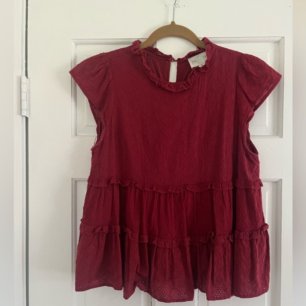 Red Eyelet Ruffled Tiered Sleeveless Blouse